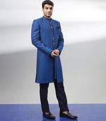 Cobalt blue gridiron embroidered layered sherwani jacket