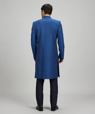 Cobalt blue gridiron embroidered layered sherwani jacket 2