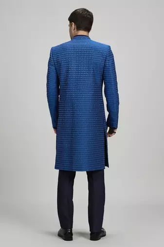 Cobalt blue gridiron embroidered layered sherwani jacket