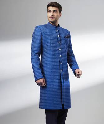 Cobalt blue gridiron embroidered layered sherwani jacket 3