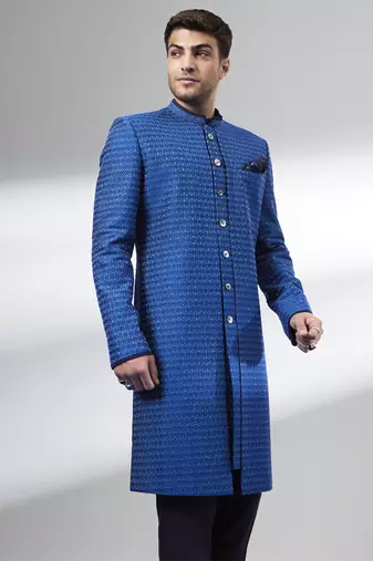 Cobalt blue gridiron embroidered layered sherwani jacket