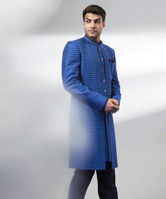 Cobalt blue gridiron embroidered layered sherwani jacket 4