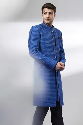 Cobalt blue gridiron embroidered layered sherwani jacket