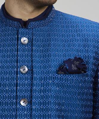 Cobalt blue gridiron embroidered layered sherwani jacket 5