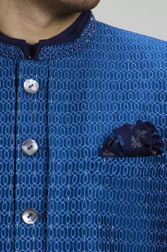 Cobalt blue gridiron embroidered layered sherwani jacket