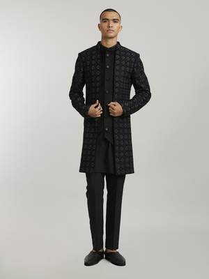 Ebony & grey phulkari embroidered layered sherwani 1