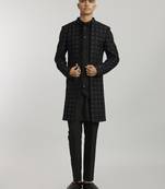 Ebony & grey phulkari embroidered layered sherwani
