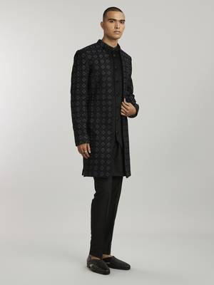 Ebony & grey phulkari embroidered layered sherwani 2
