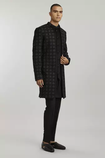 Ebony & grey phulkari embroidered layered sherwani
