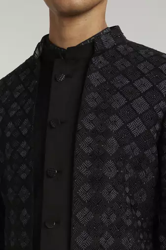 Ebony & grey phulkari embroidered layered sherwani