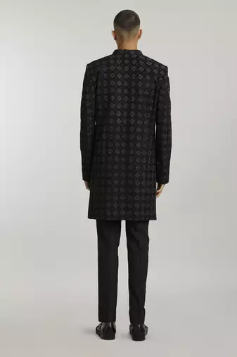 Ebony & grey phulkari embroidered layered sherwani