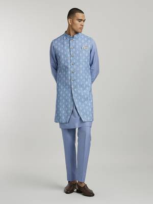 Teal leon printed sleeveless sherwani jacket 1