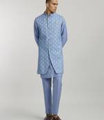 Teal leon printed sleeveless sherwani jacket