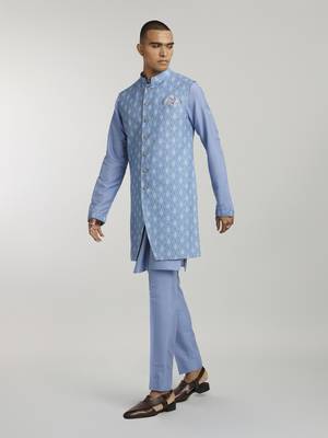 Teal leon printed sleeveless sherwani jacket 2