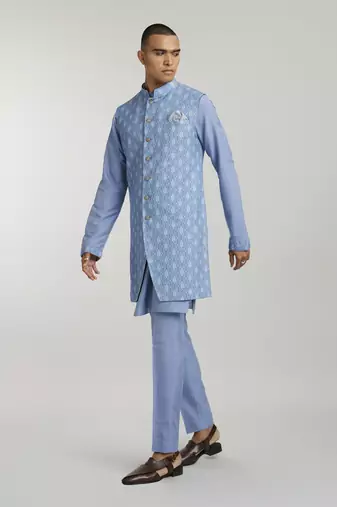 Teal leon printed sleeveless sherwani jacket