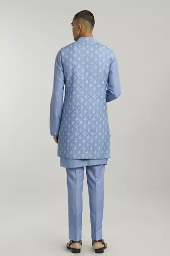 Teal leon printed sleeveless sherwani jacket
