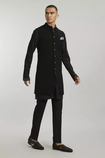 Ebony crepe wool classic sleeveless sherwani jacket