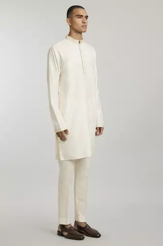 Ivory & beige emblem printed kurta pant set
