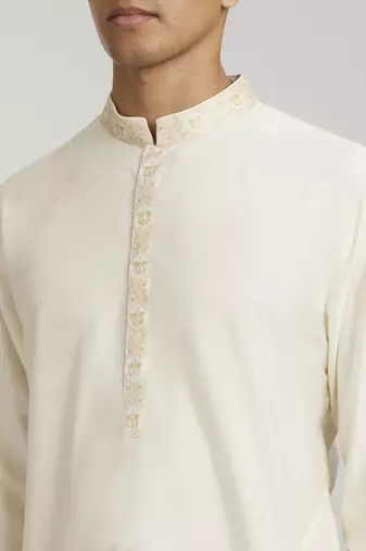Ivory & beige emblem printed kurta pant set