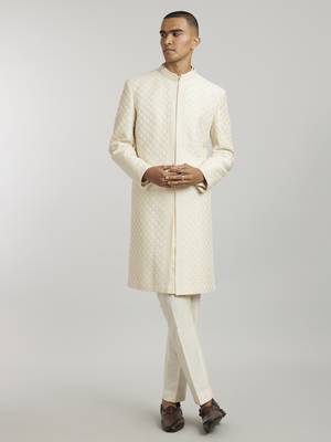 Ivory phulkari embroidered sherwani jacket 1