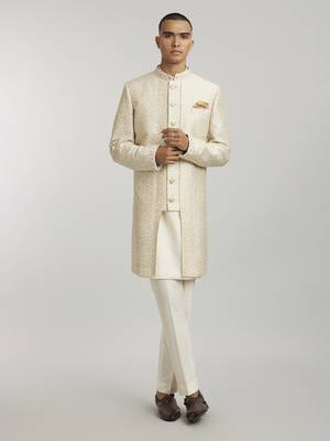 Ivory emblem printed layered sherwani jacket 1