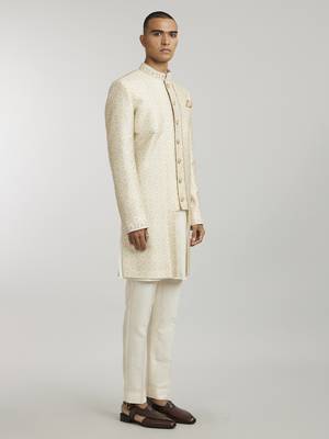 Ivory emblem printed layered sherwani jacket 2