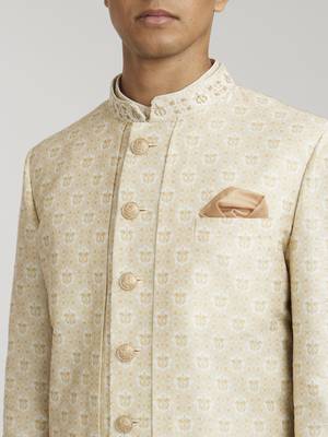 Ivory emblem printed layered sherwani jacket 3