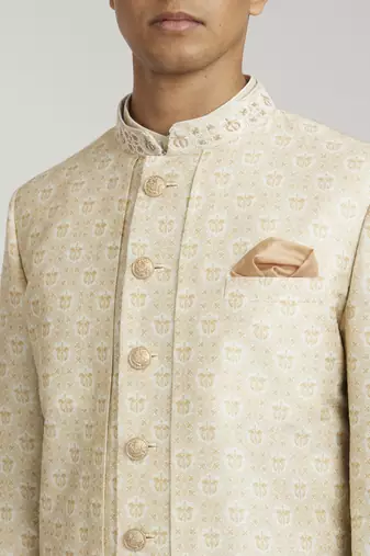 Ivory emblem printed layered sherwani jacket