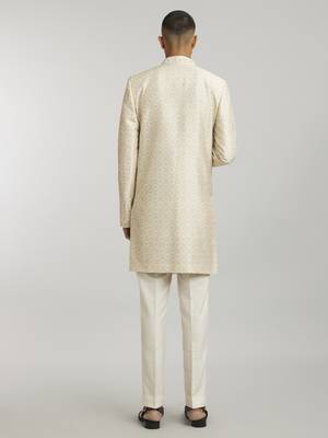Ivory emblem printed layered sherwani jacket 4