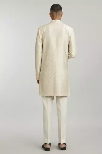 Ivory emblem printed layered sherwani jacket