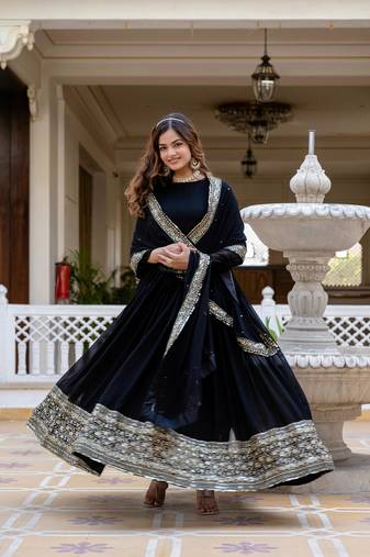 Black faux georgette zari sequins embroidery flared gown with heavy dupatta