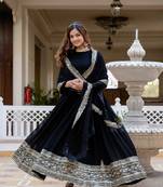 Black faux georgette zari sequins embroidery flared gown with heavy dupatta