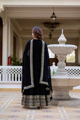 Black faux georgette zari sequins embroidery flared gown with heavy dupatta 2