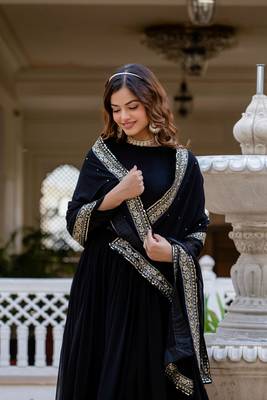Black faux georgette zari sequins embroidery flared gown with heavy dupatta 3