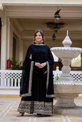 Black faux georgette zari sequins embroidery flared gown with heavy dupatta 4