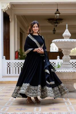 Black faux georgette zari sequins embroidery flared gown with heavy dupatta 5
