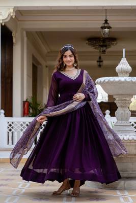 Wine faux georgette pearl hand work flared gown with heavy dupatta 1