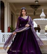 Wine faux georgette pearl hand work flared gown with heavy dupatta