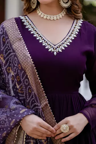 Wine faux georgette pearl hand work flared gown with heavy dupatta