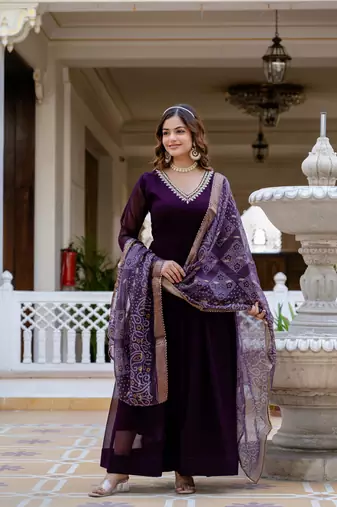 Wine faux georgette pearl hand work flared gown with heavy dupatta