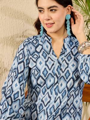 Women blue rayon blend ikat printed regular top 1