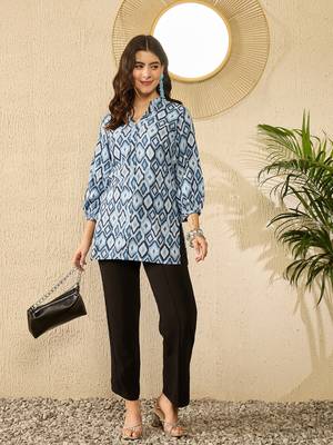 Women blue rayon blend ikat printed regular top 5