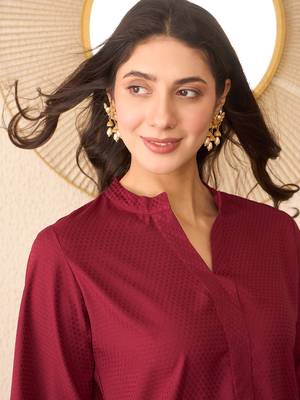 Women maroon silk blend solid solid regular top 1