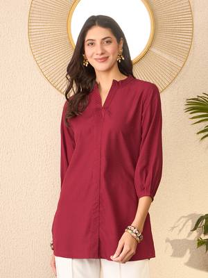Women maroon silk blend solid solid regular top 2