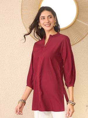 Women maroon silk blend solid solid regular top 3