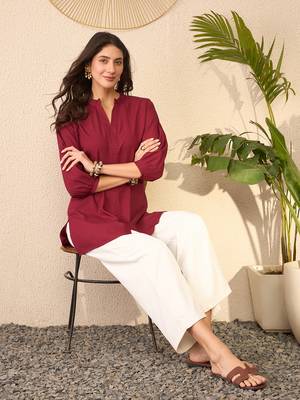 Women maroon silk blend solid solid regular top 5