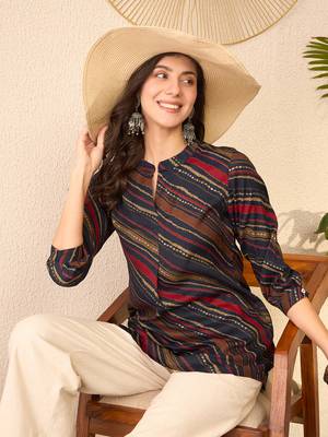 Women navy blue cotton blend leheriya printed regular top 1