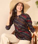 Women navy blue cotton blend leheriya printed regular top