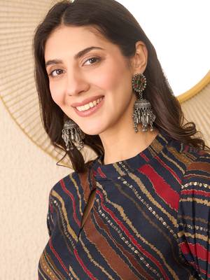 Women navy blue cotton blend leheriya printed regular top 2