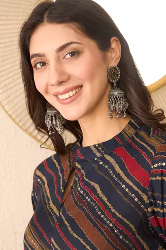 Women navy blue cotton blend leheriya printed regular top